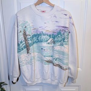 White Crewneck Sweater with Mint & Lavender Winter Cabin Print